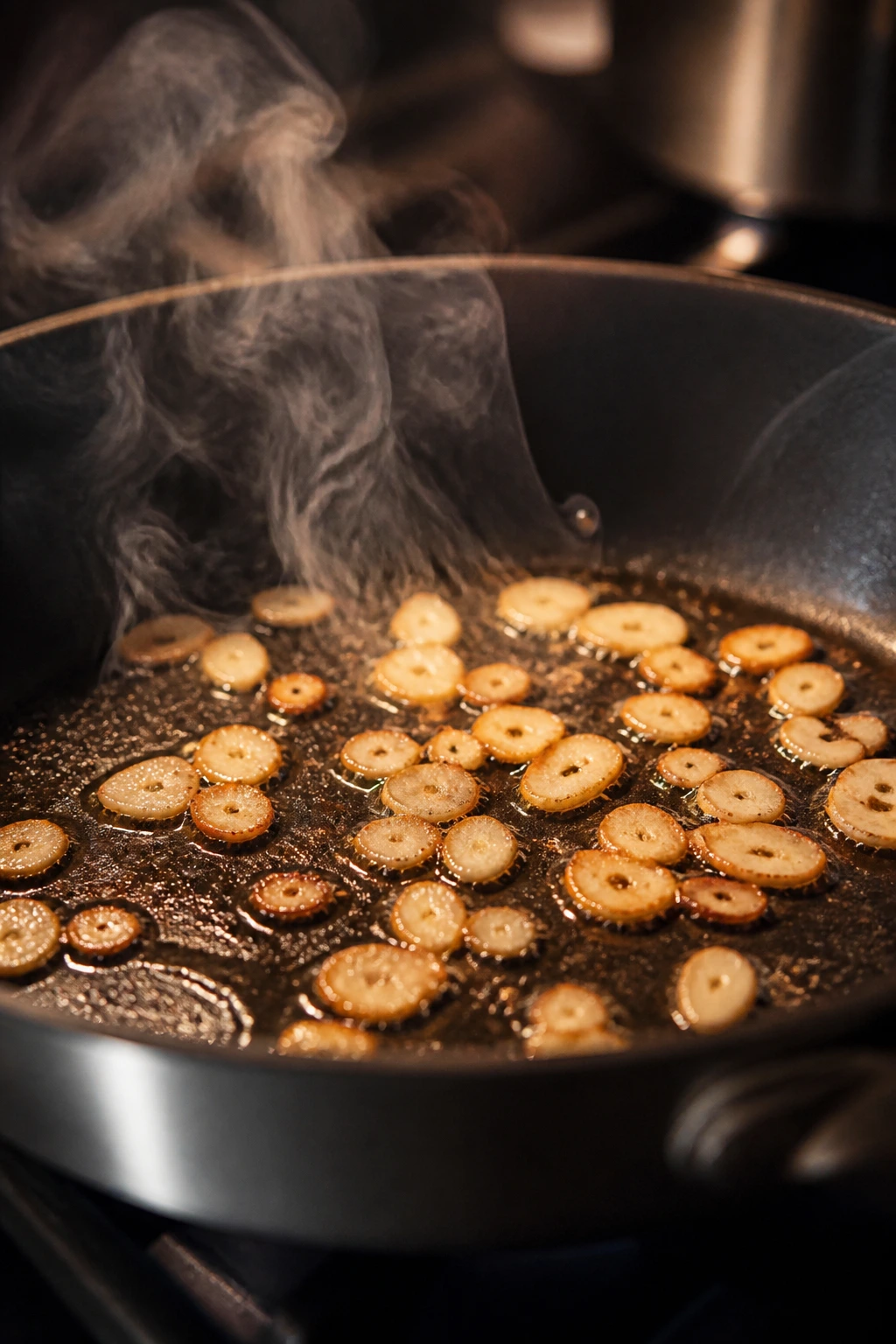 Garlic browning quickly in a hot pan as a common stir-fry mistake.