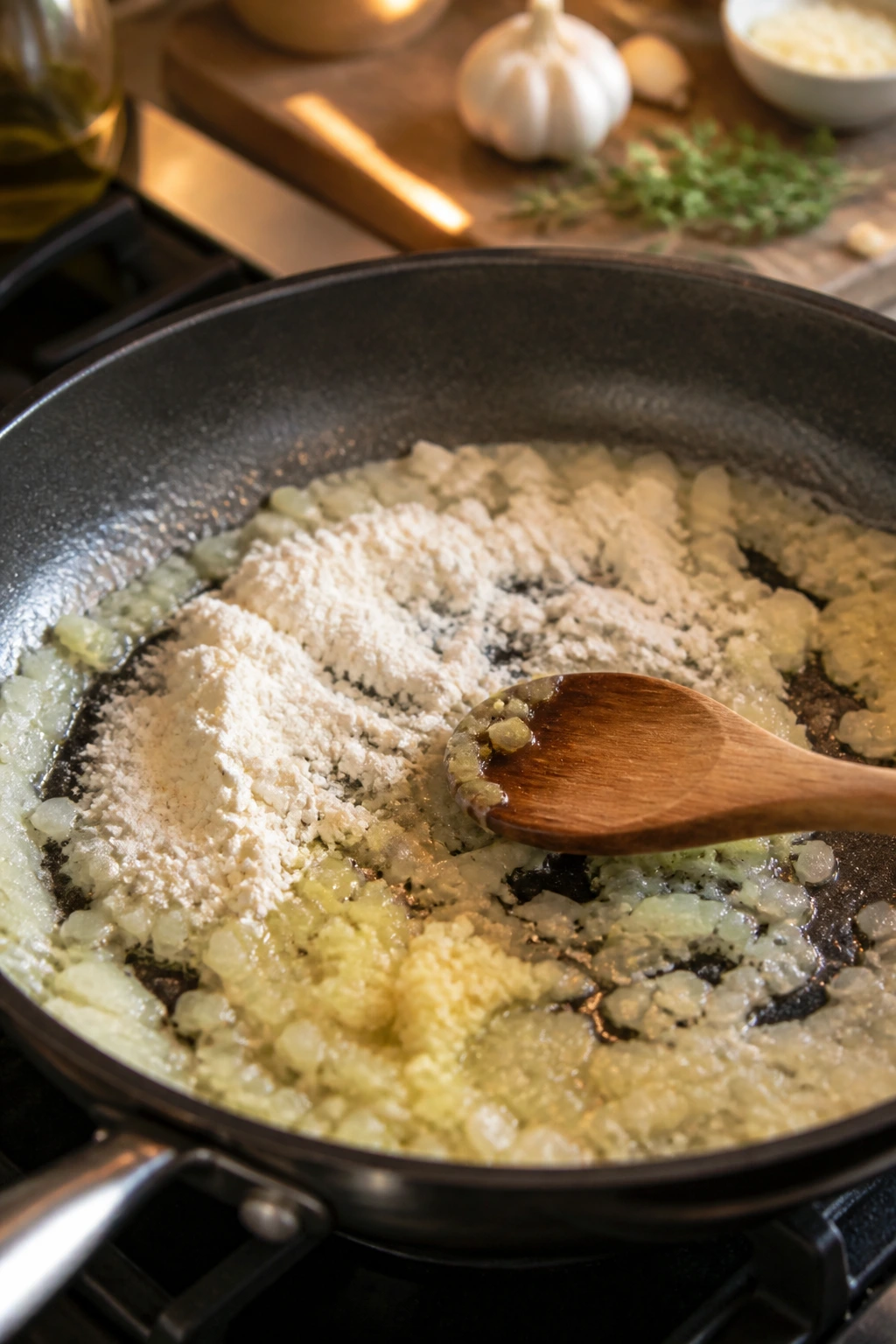 Close-up of onion and garlic forming a base in a skillet for creamy sauce in a home kitchen