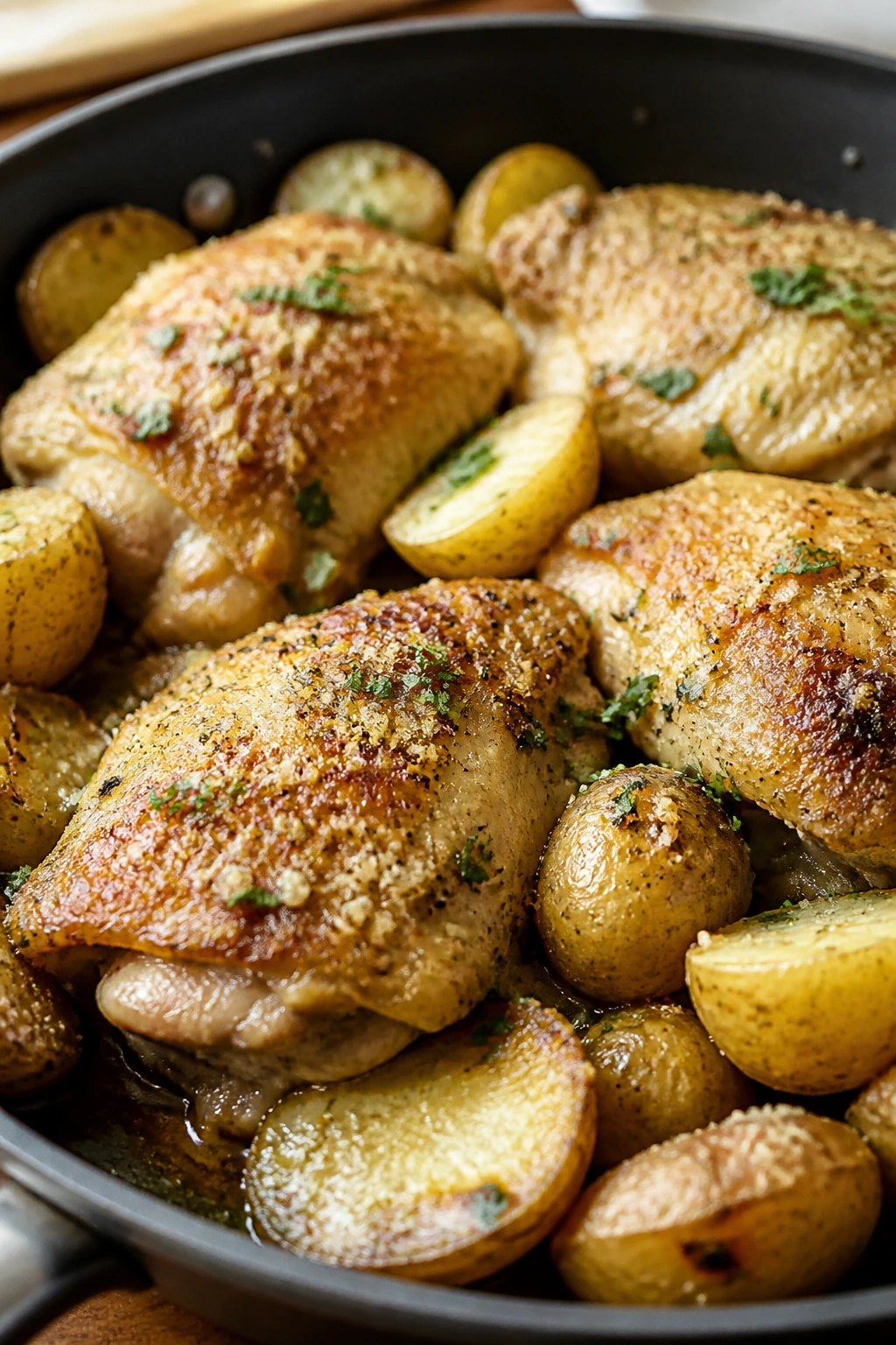 Close-up of garlic parmesan chicken and potatoes in a skillet