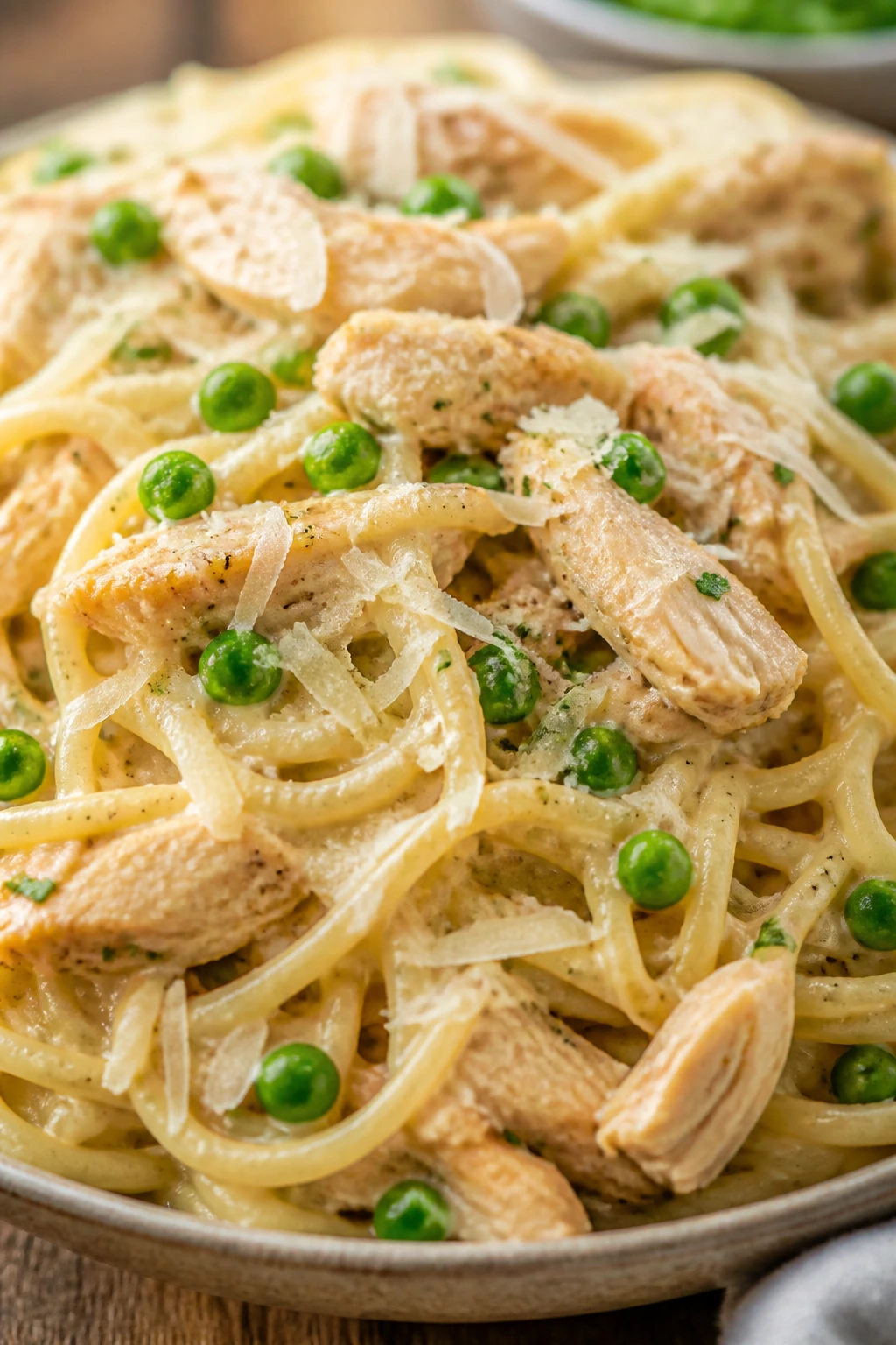 Close-up of garlic butter parmesan chicken spaghetti with peas on a wooden table