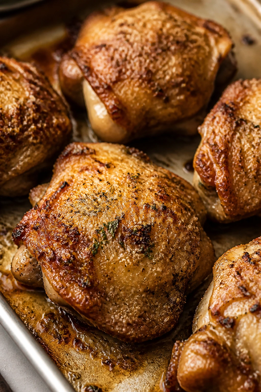 Crispy garlic parmesan chicken thighs on a sheet tray