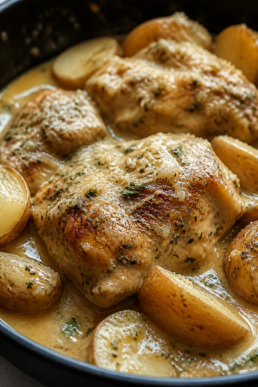 Garlic Parmesan smothered chicken with potatoes close-up