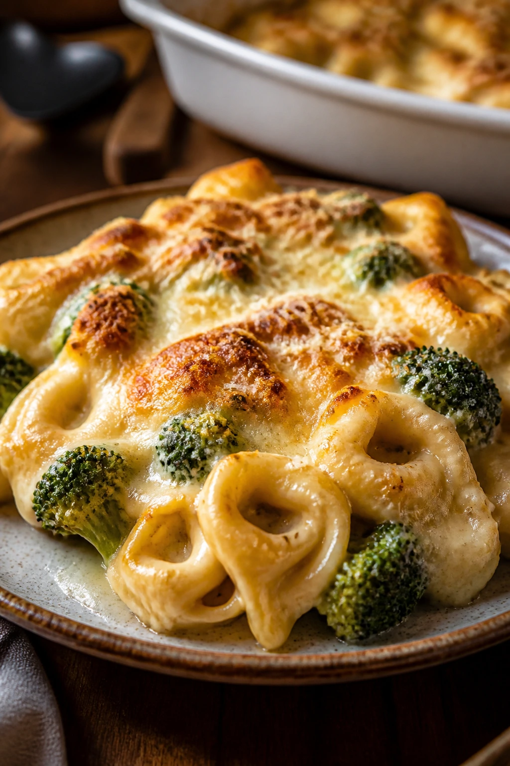 Close-up of garlic parmesan tortellini bake with broccoli on a rustic plate