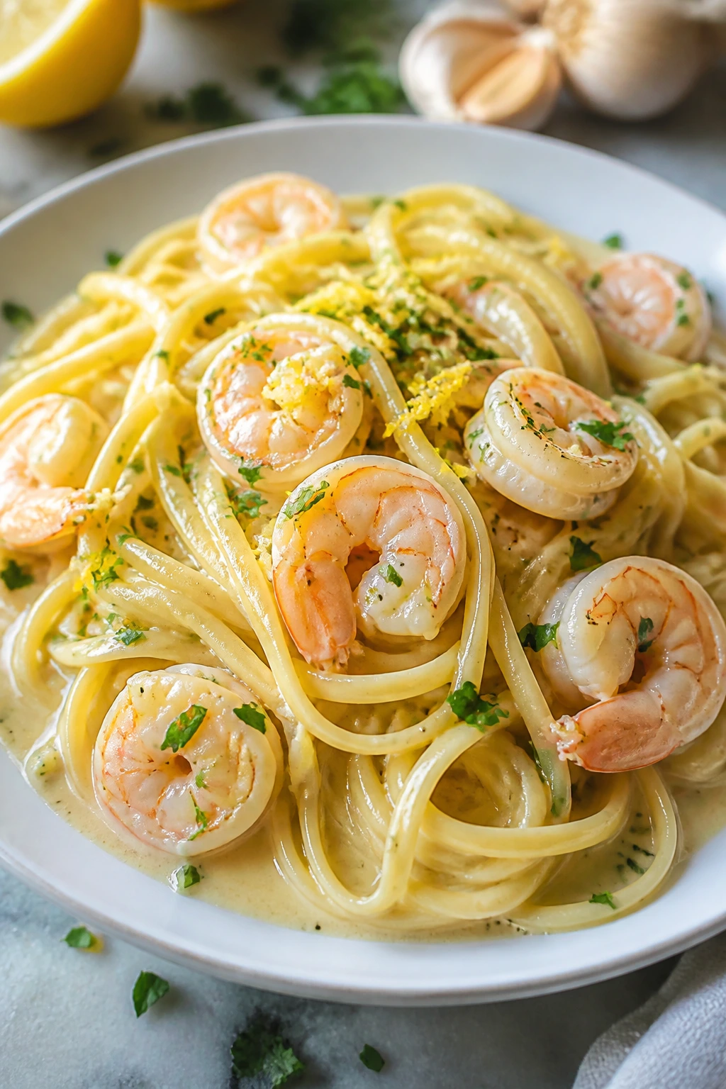 Close-up of Garlic Shrimp Linguine with Lemon Cream.