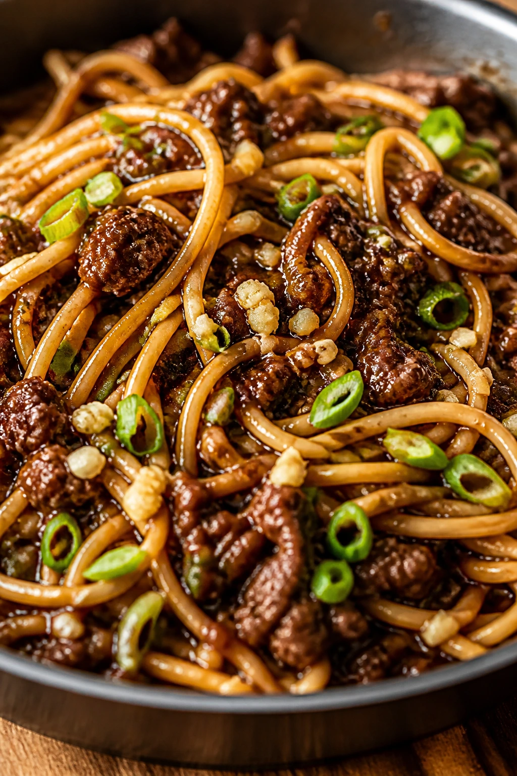 Garlic soy beef noodles with spaghetti on a plate in a kitchen
