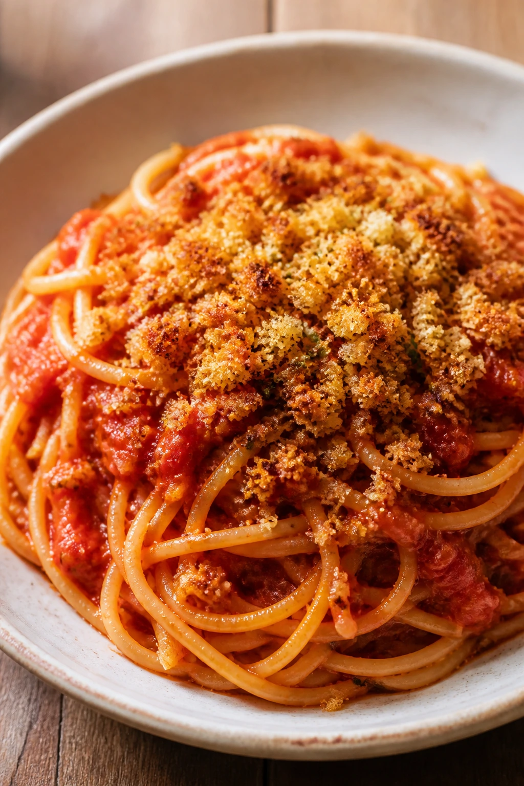 Close-up of garlicky tomato spaghetti with toasted breadcrumbs on a plate.