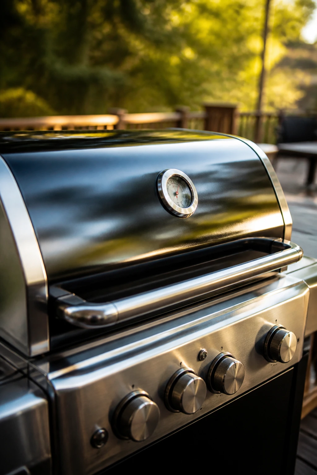 Close-up of a gas grill's stainless grates in a backyard setting.