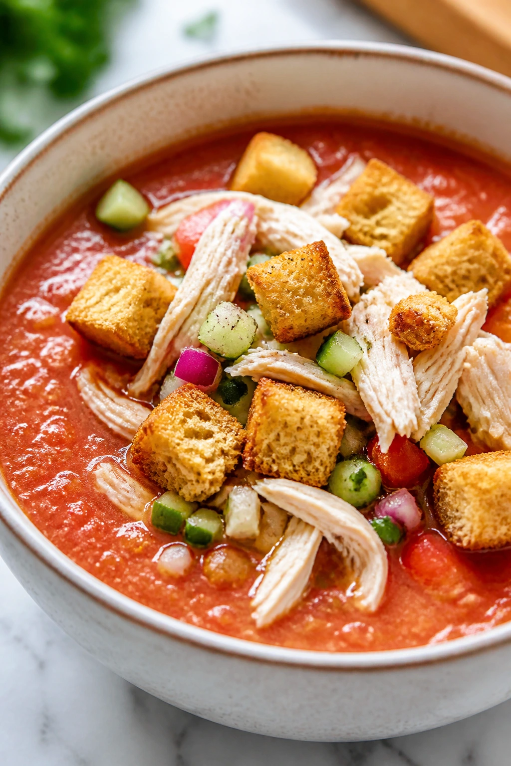 Gazpacho bowl with rotisserie chicken and croutons