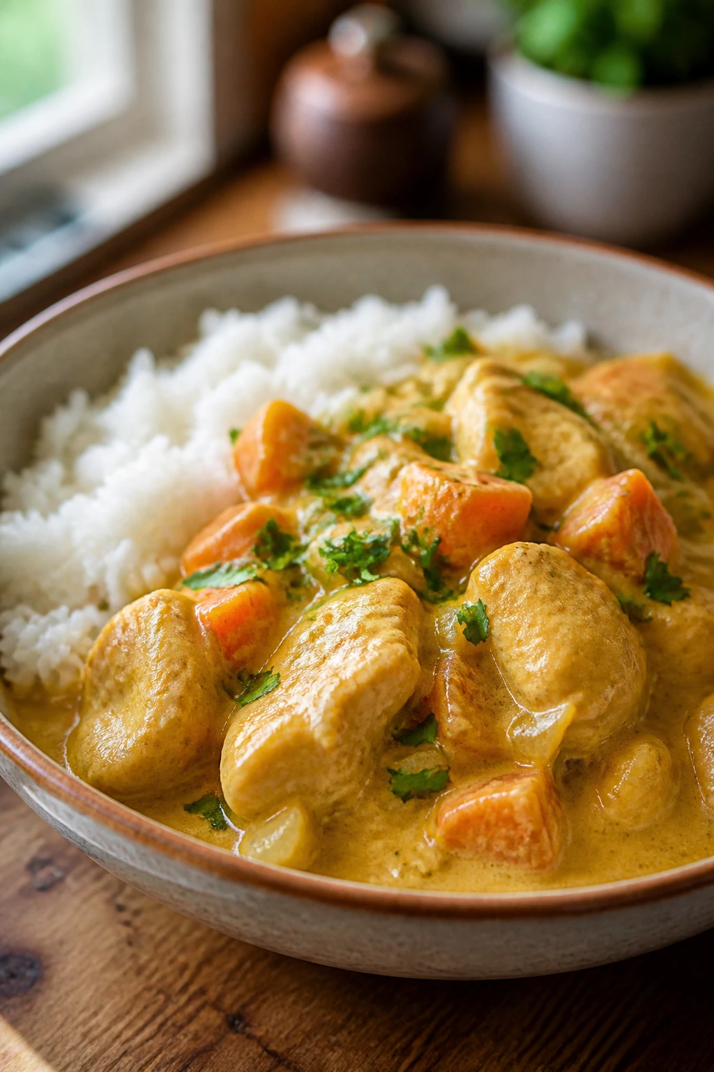 Creamy gentle chicken curry over rice in a cozy kitchen