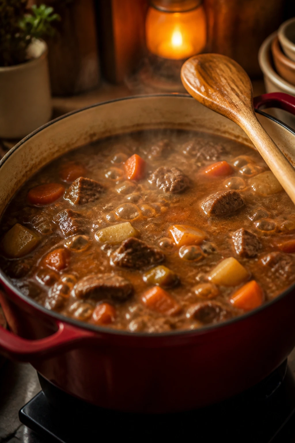 Stew pot with gentle simmer and wooden spoon