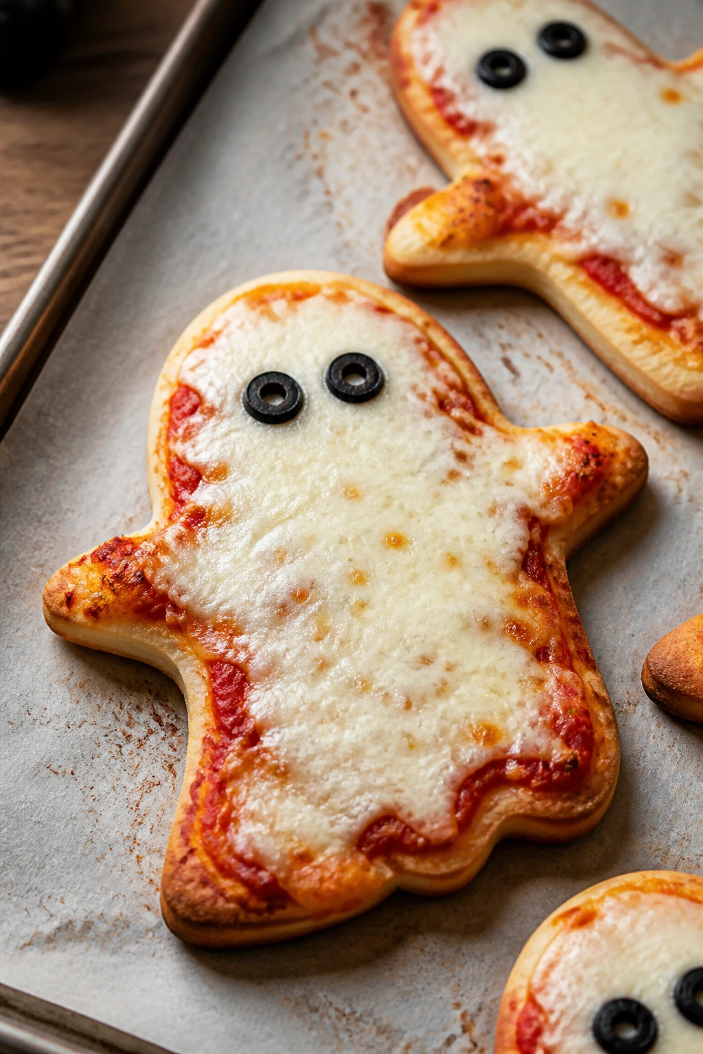 Close-up of a ghost-shaped mozzarella mini pizza with olive eyes on a baking sheet