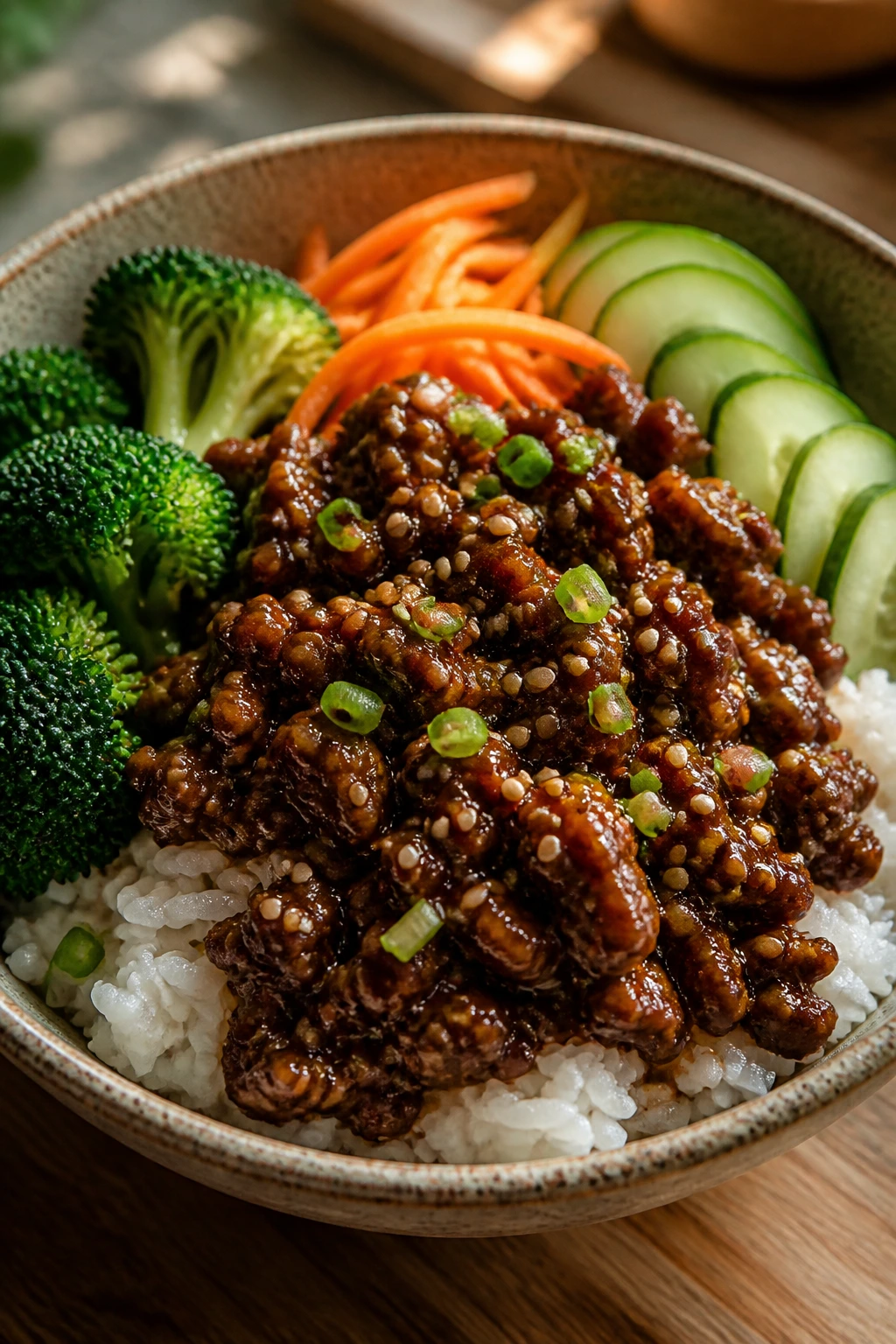 Close-up of a glossy ginger-sesame hot honey beef rice bowl with crisp vegetables.