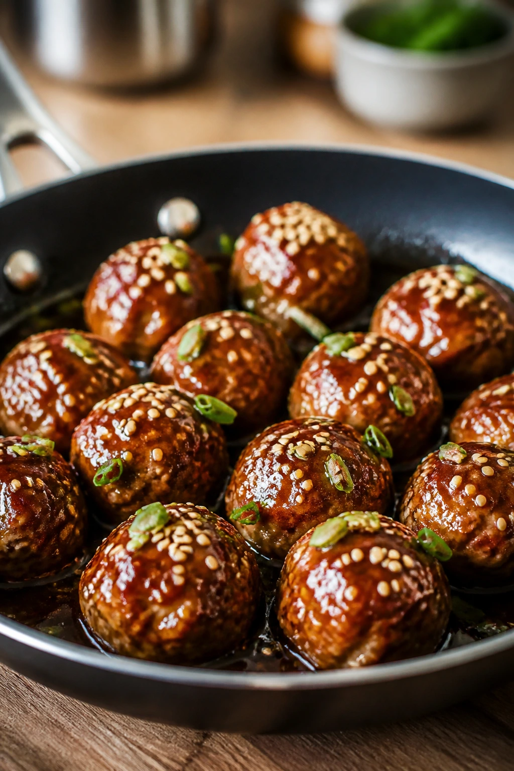 Close-up of glossy ginger sesame meatballs in a skillet