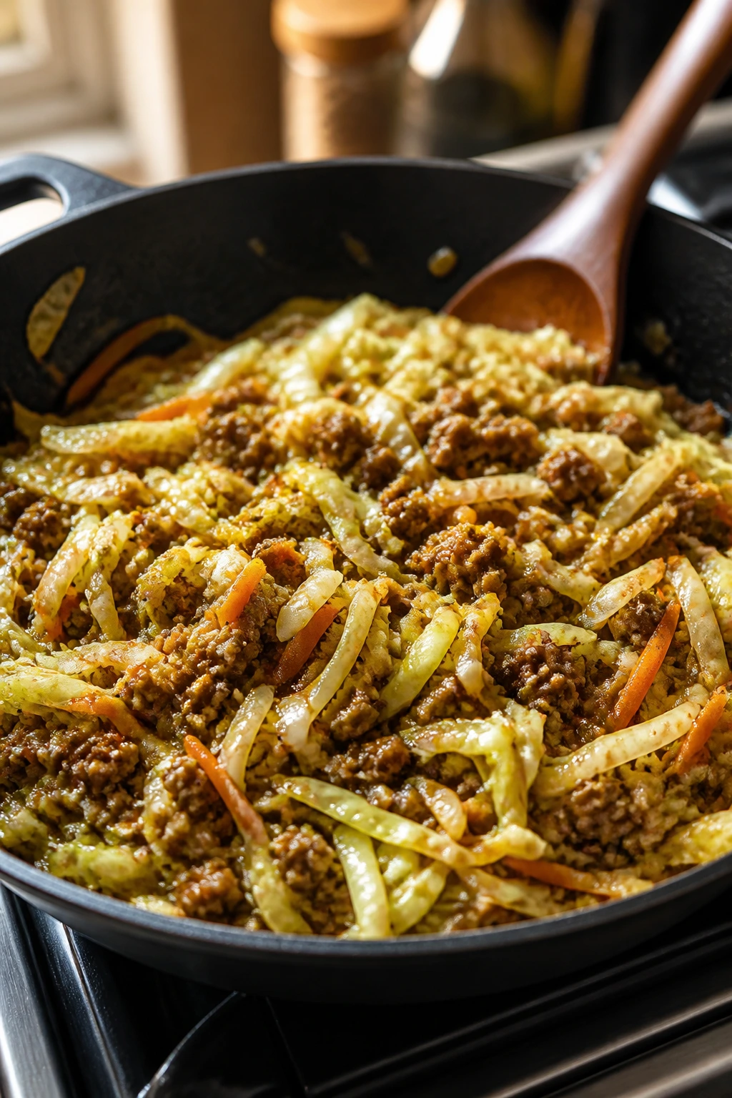 Close-up of ginger-soy beef and cabbage skillet with glossy glaze