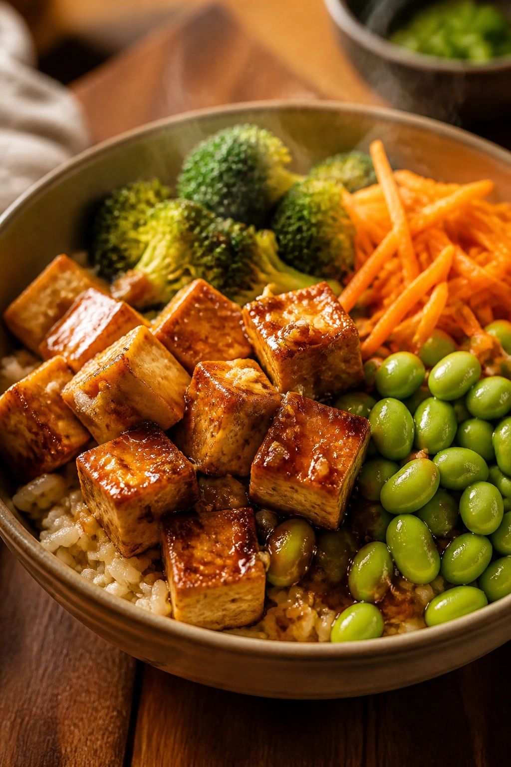 Tofu edamame rice bowl with vegetables