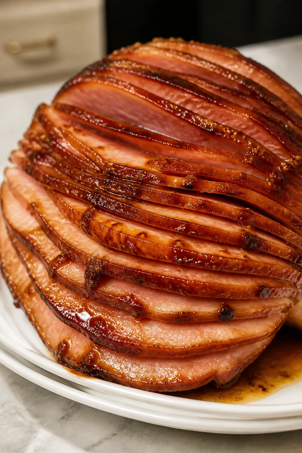 Glazed spiral-cut ham on platter with glossy amber glaze