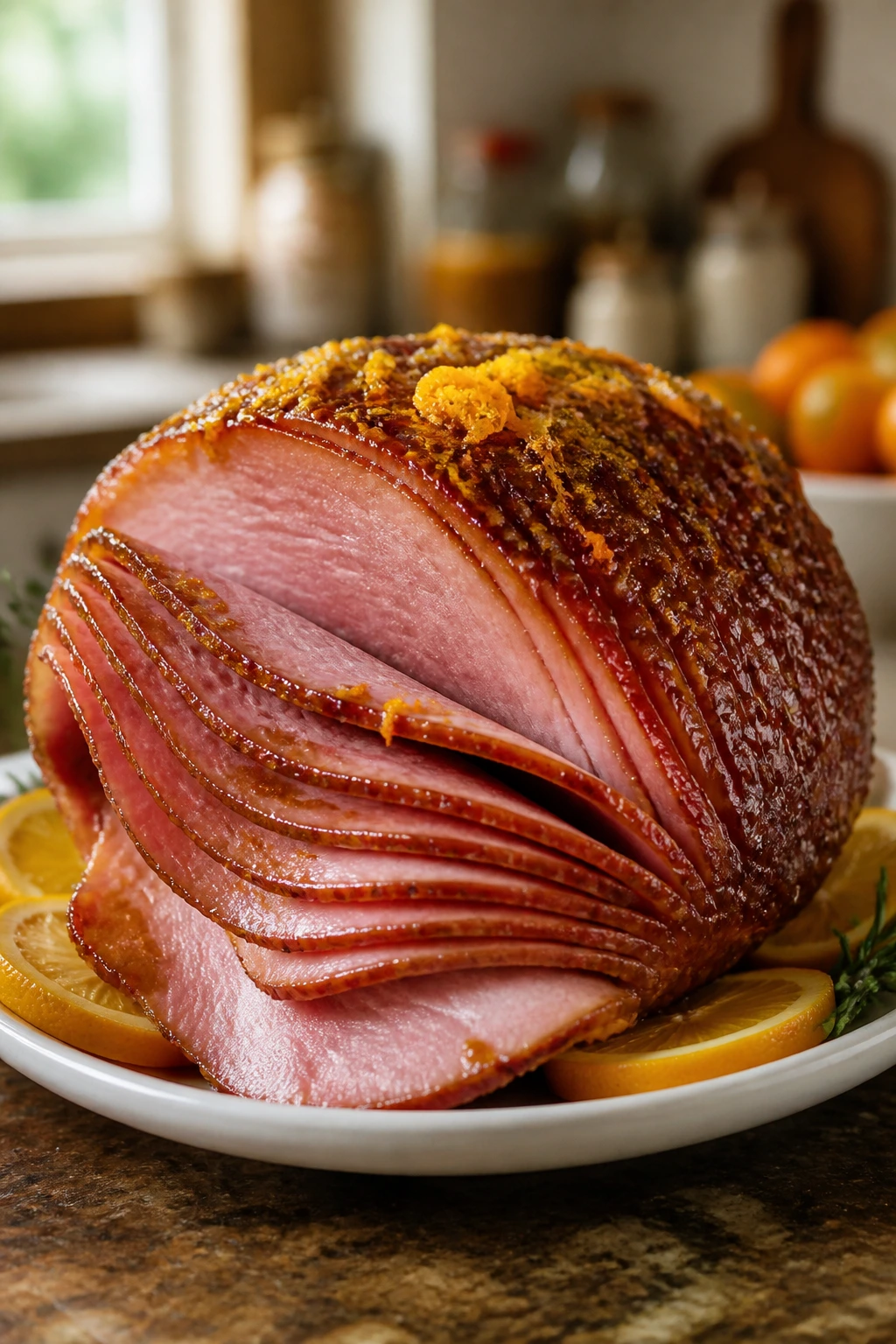 Glazed ham with citrus zest on a plate in a warm kitchen