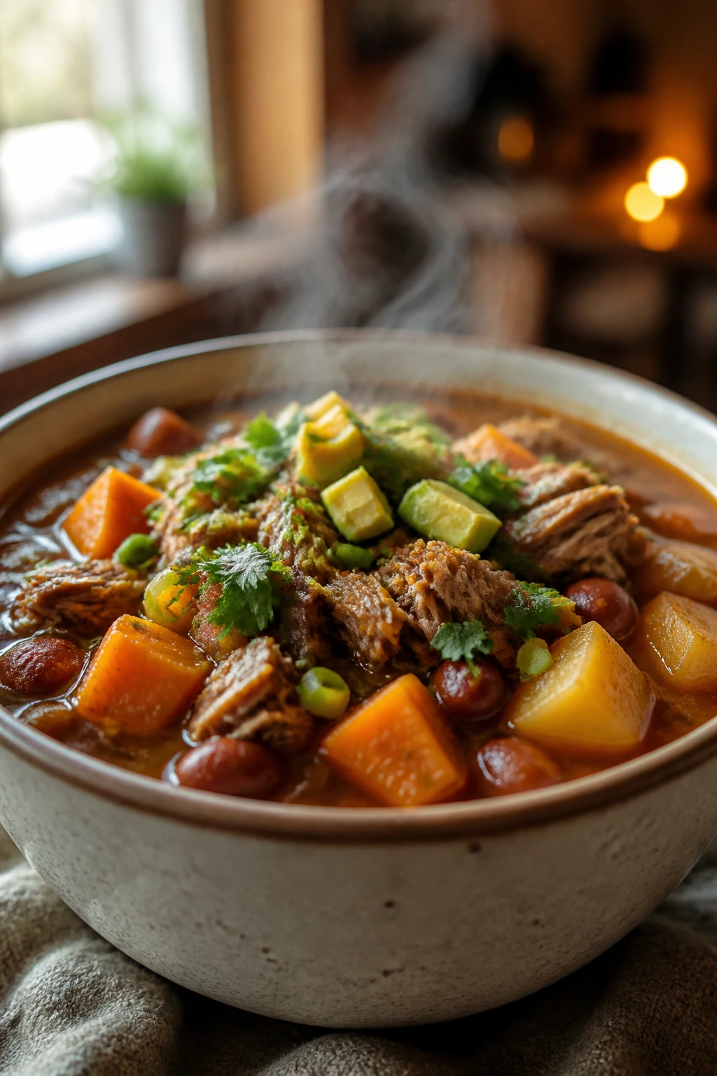 Close-up of a steaming gluten-free comfort bowl in a cozy kitchen.