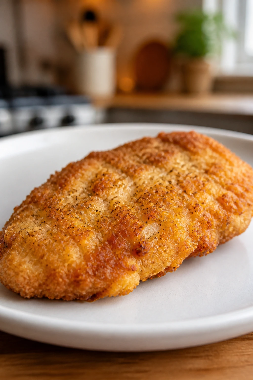 Gluten-free crusted chicken cutlet on plate