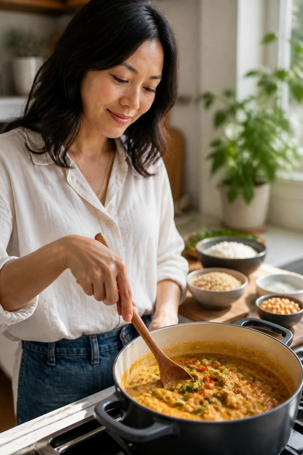 Portrait of a real person cooking curry with gluten-free ingredients in background