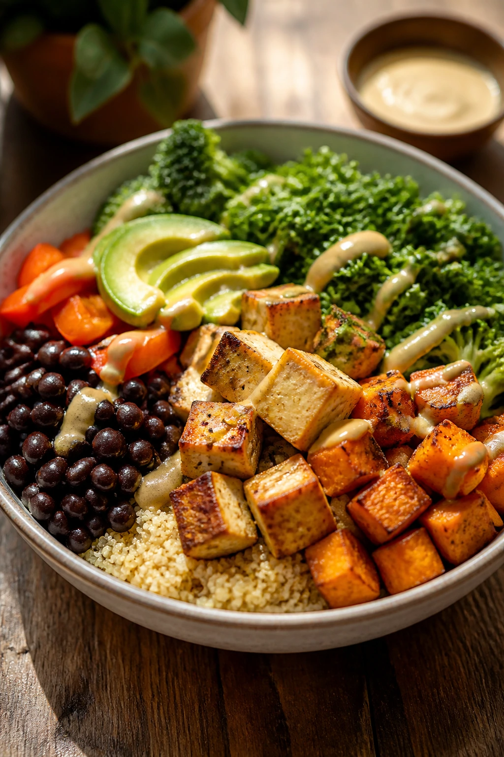 Close-up of a colorful vegetarian plate highlighting gluten-free, dairy-free, and high-protein ingredients