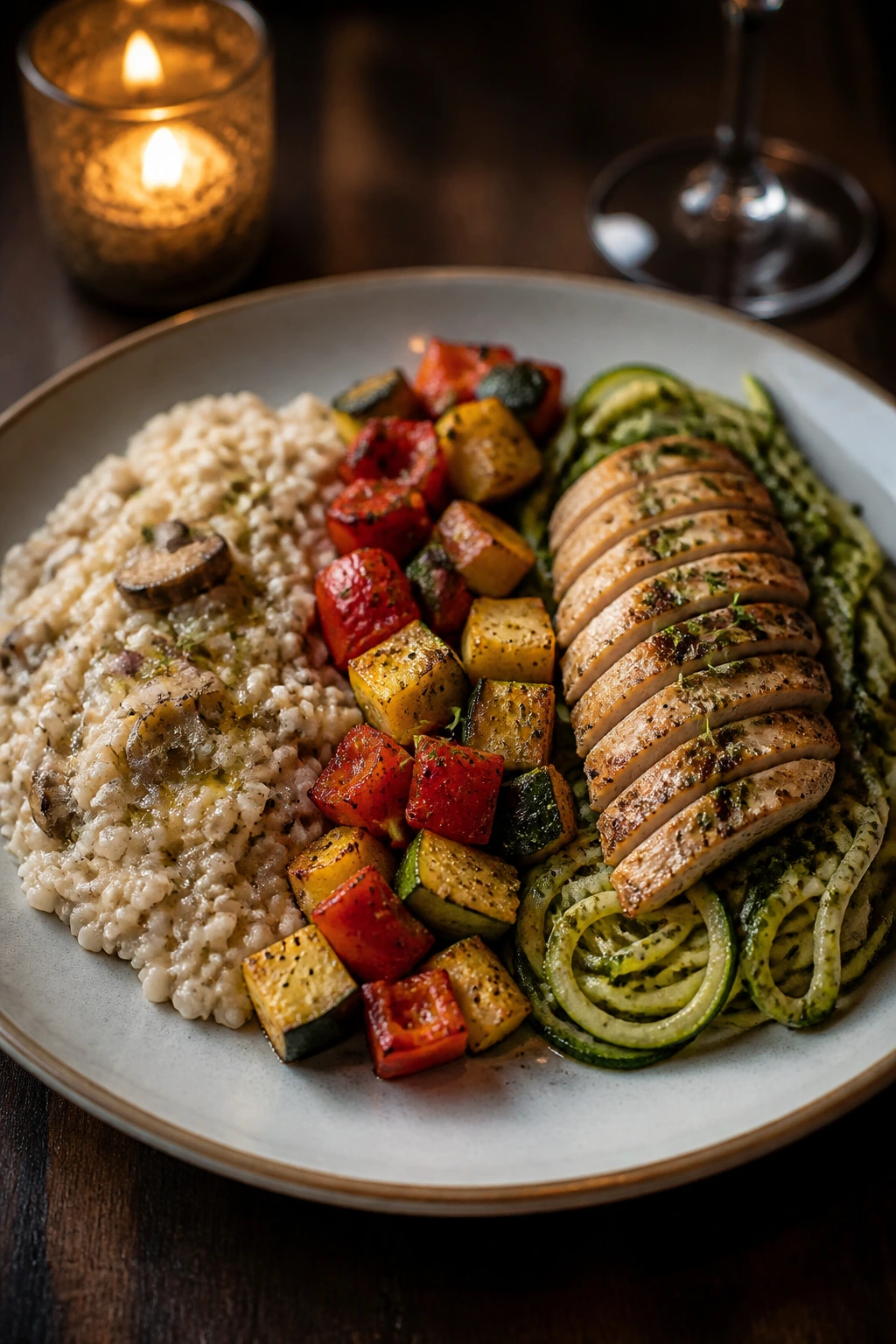 Plated dish with three color sections representing variations on a dark table.