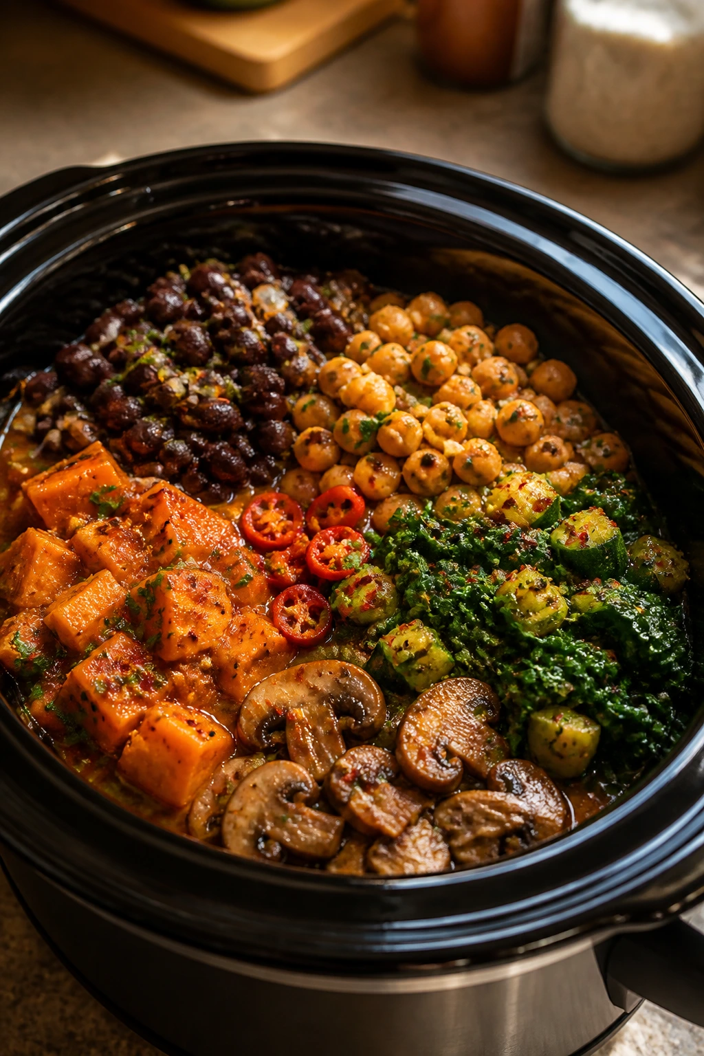 Close-up of a crockpot insert with colorful ingredients illustrating gluten-free, dairy-free, low-sodium, vegetarian, and spicy variations.
