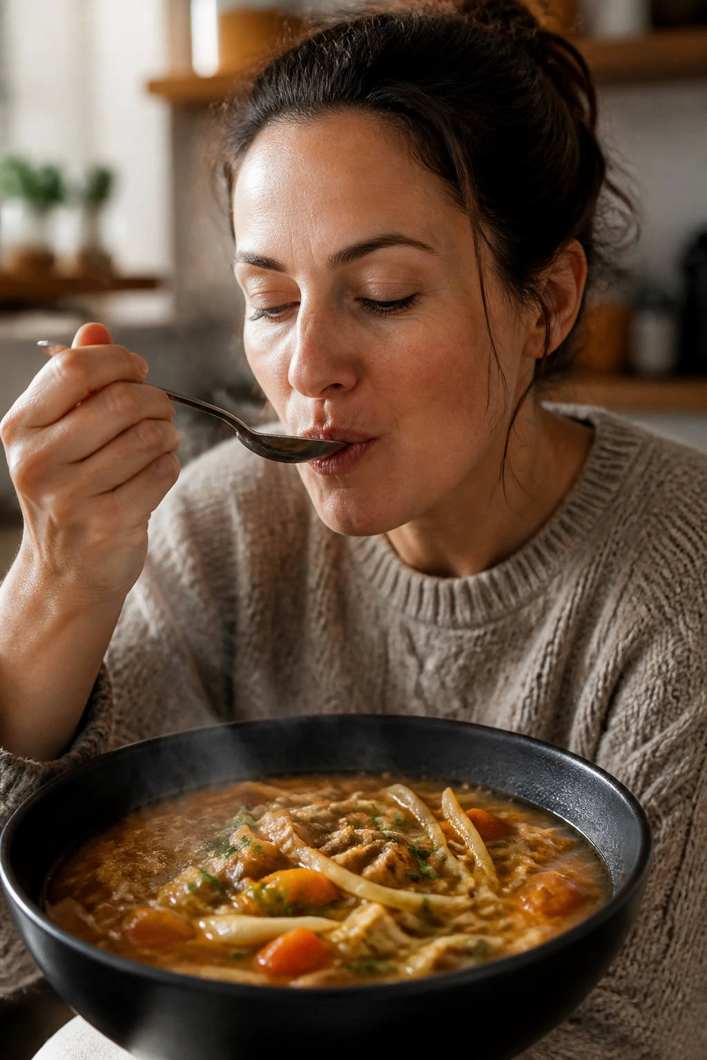 Person tasting a steaming bowl to illustrate flavor swaps in freezer meals.
