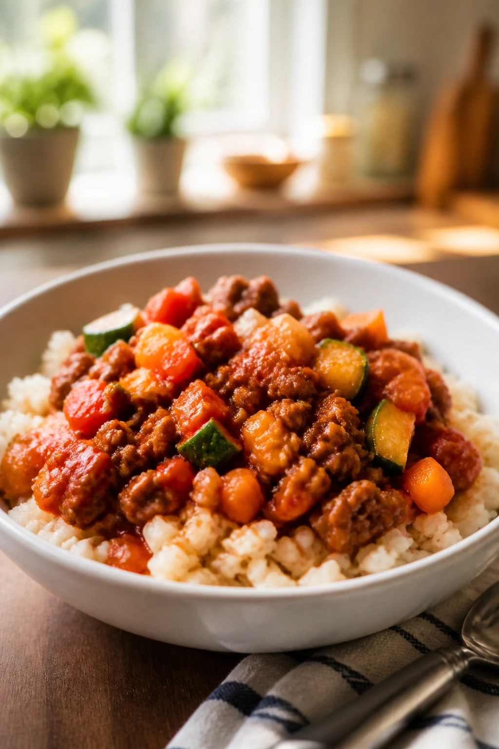 Gluten-free dairy-free ground beef bowl over rice in a bright kitchen
