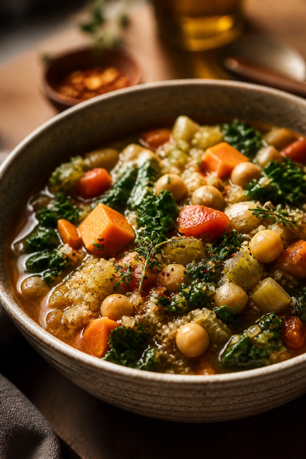 Close-up of a colorful bowl with varied textures suggesting gluten-free and dairy-free adaptations