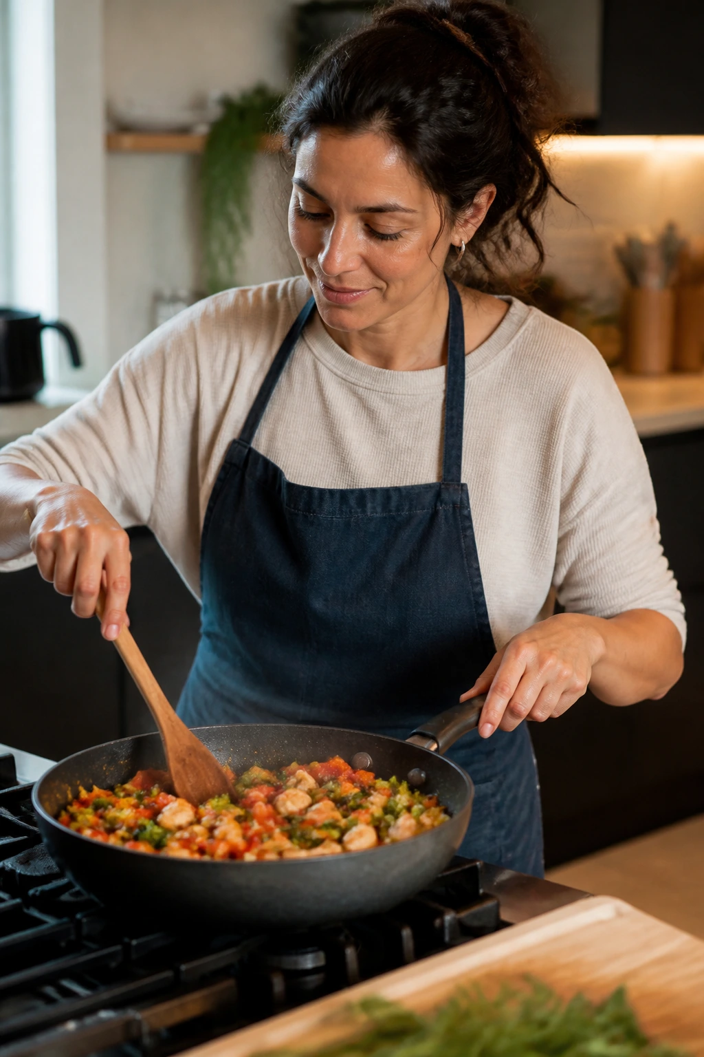 Hands stirring a colorful skillet on a stove, illustrating recipe variations and adaptations