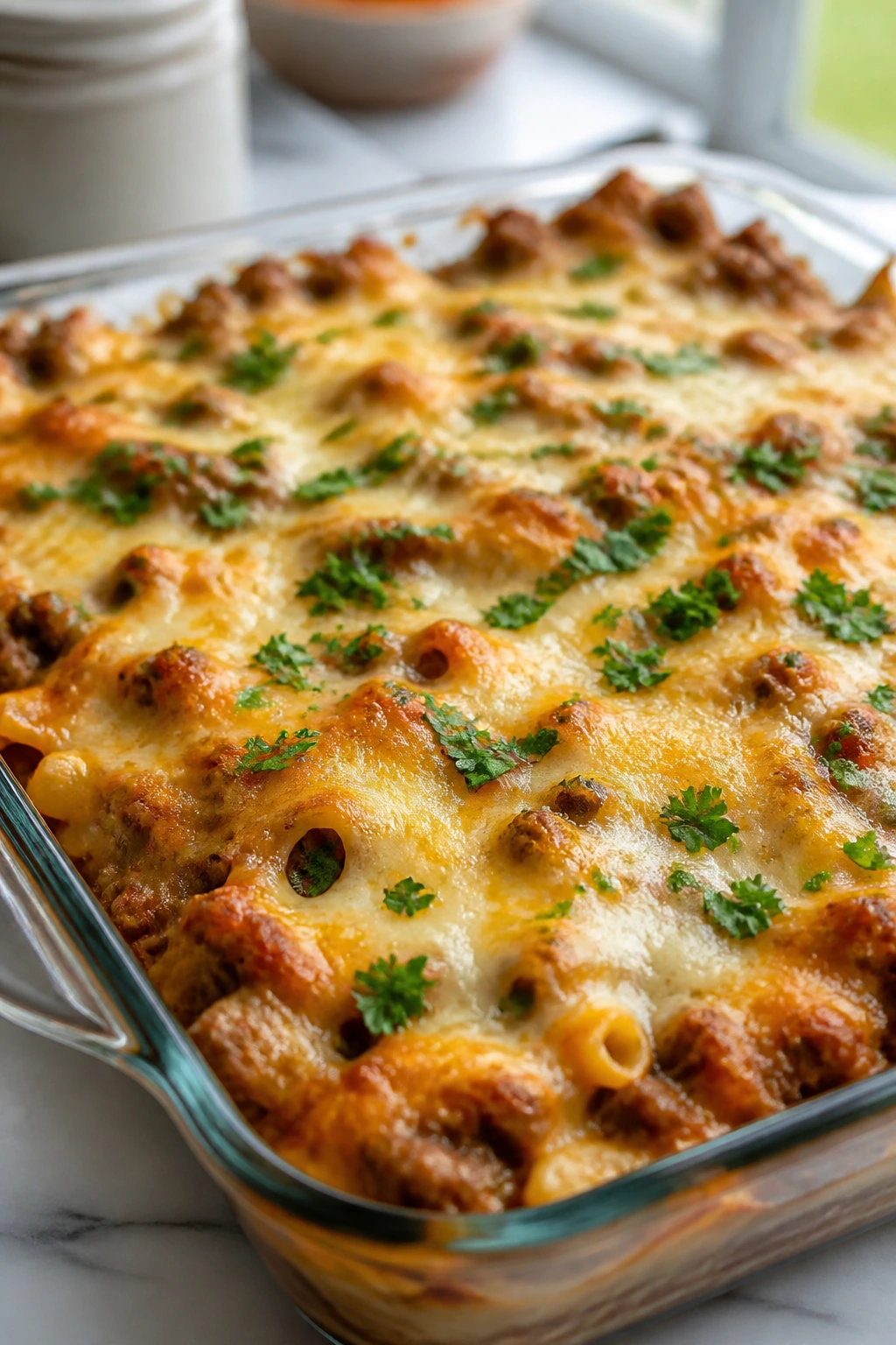 Baked casserole with cheese crust and fresh herbs as a variation example