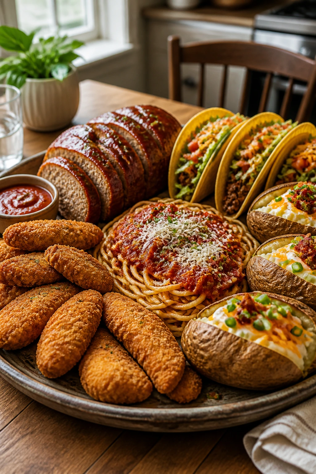 Assorted gluten-free dinners on a rustic platter in a cozy kitchen