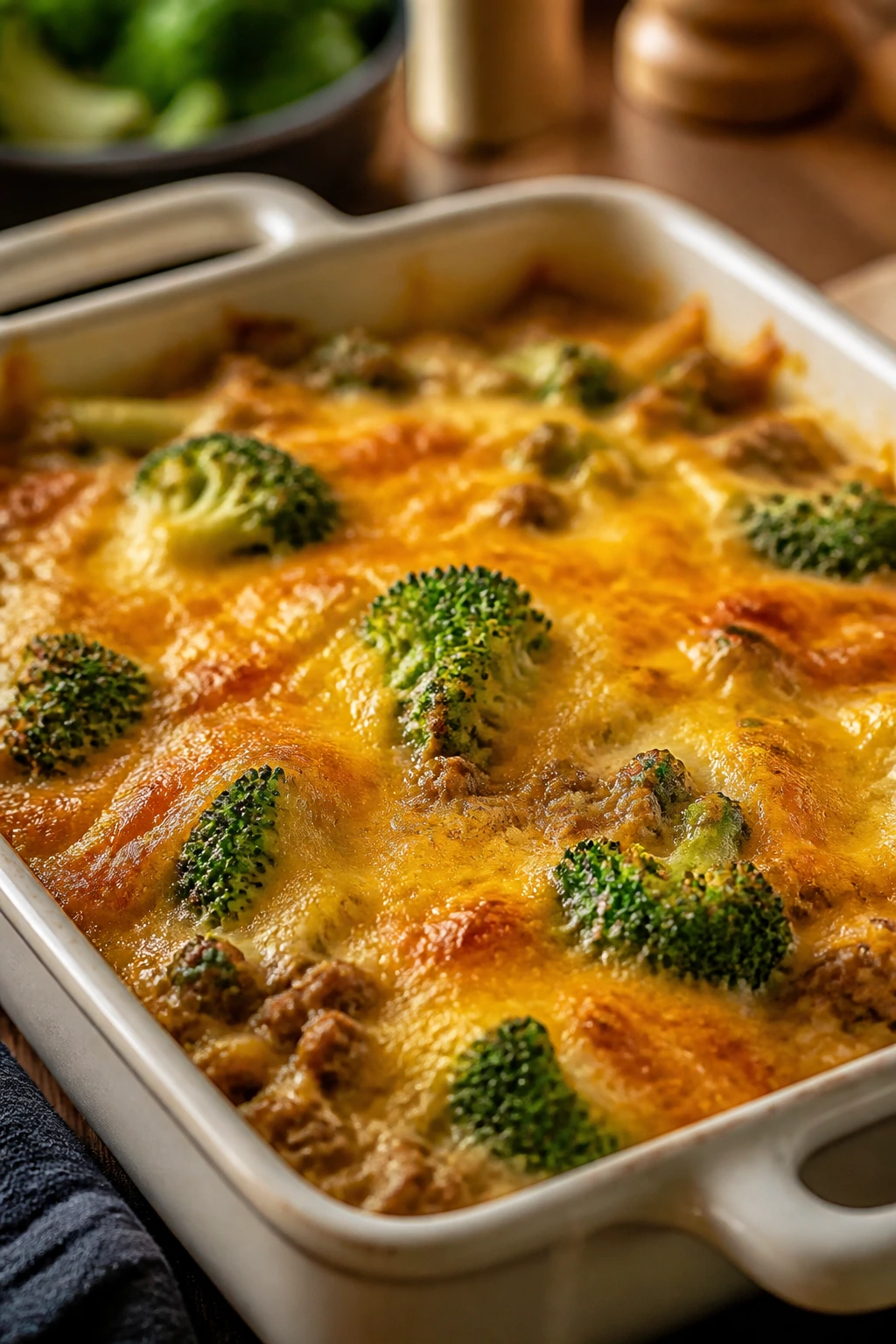 Close-up of a golden cheesy casserole with broccoli in a ceramic dish