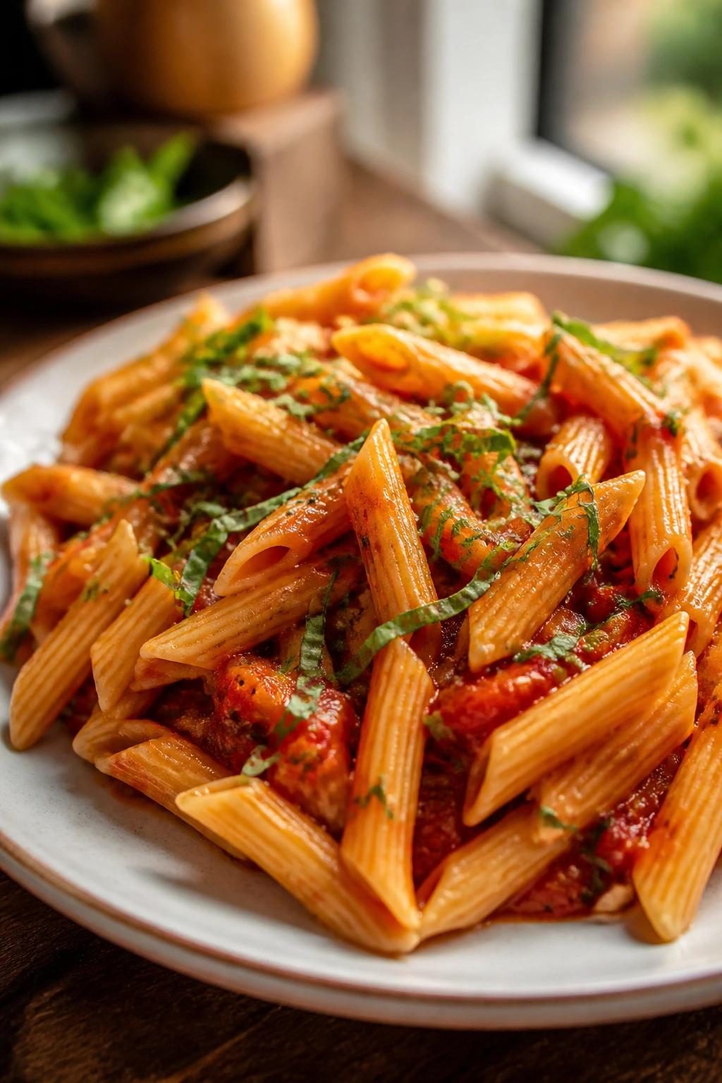 Gluten-free pasta with sauce and herbs on a plate