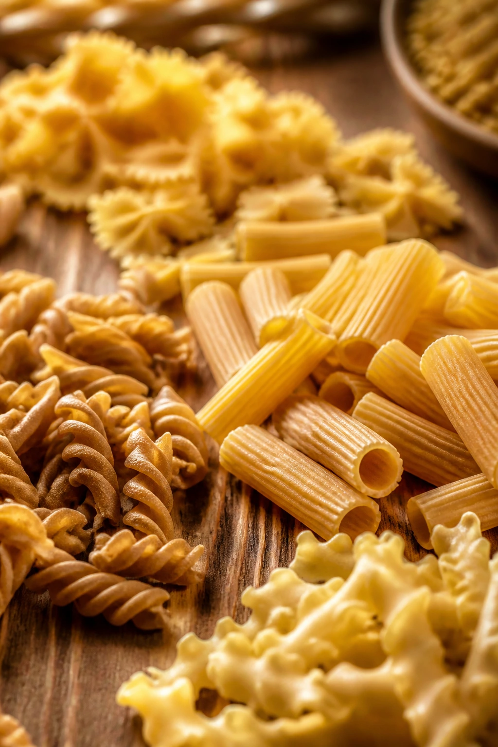 Close-up of gluten-free pasta shapes on a wooden surface.