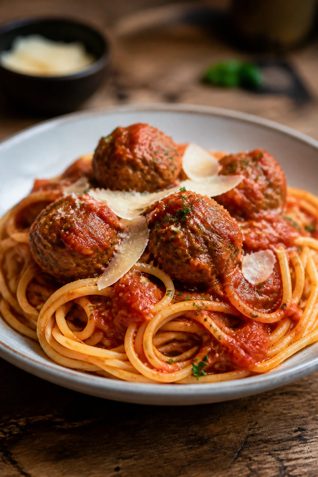 Gluten-free spaghetti and meatballs plated with marinara and parmesan