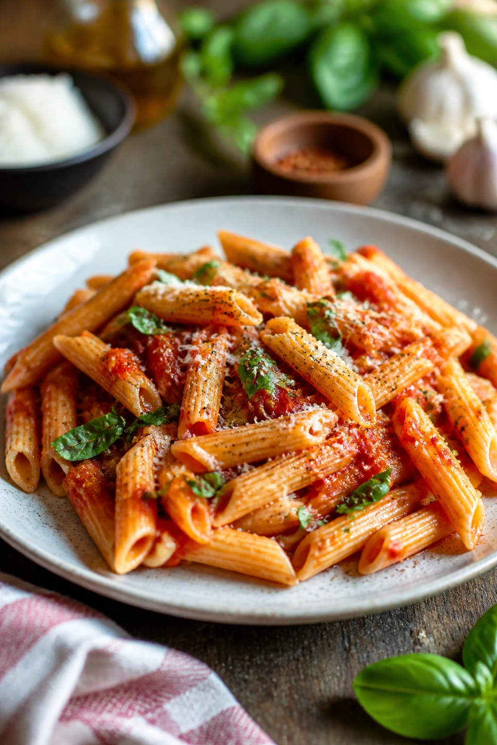 Gluten-free pasta with sauce and herbs on a plate