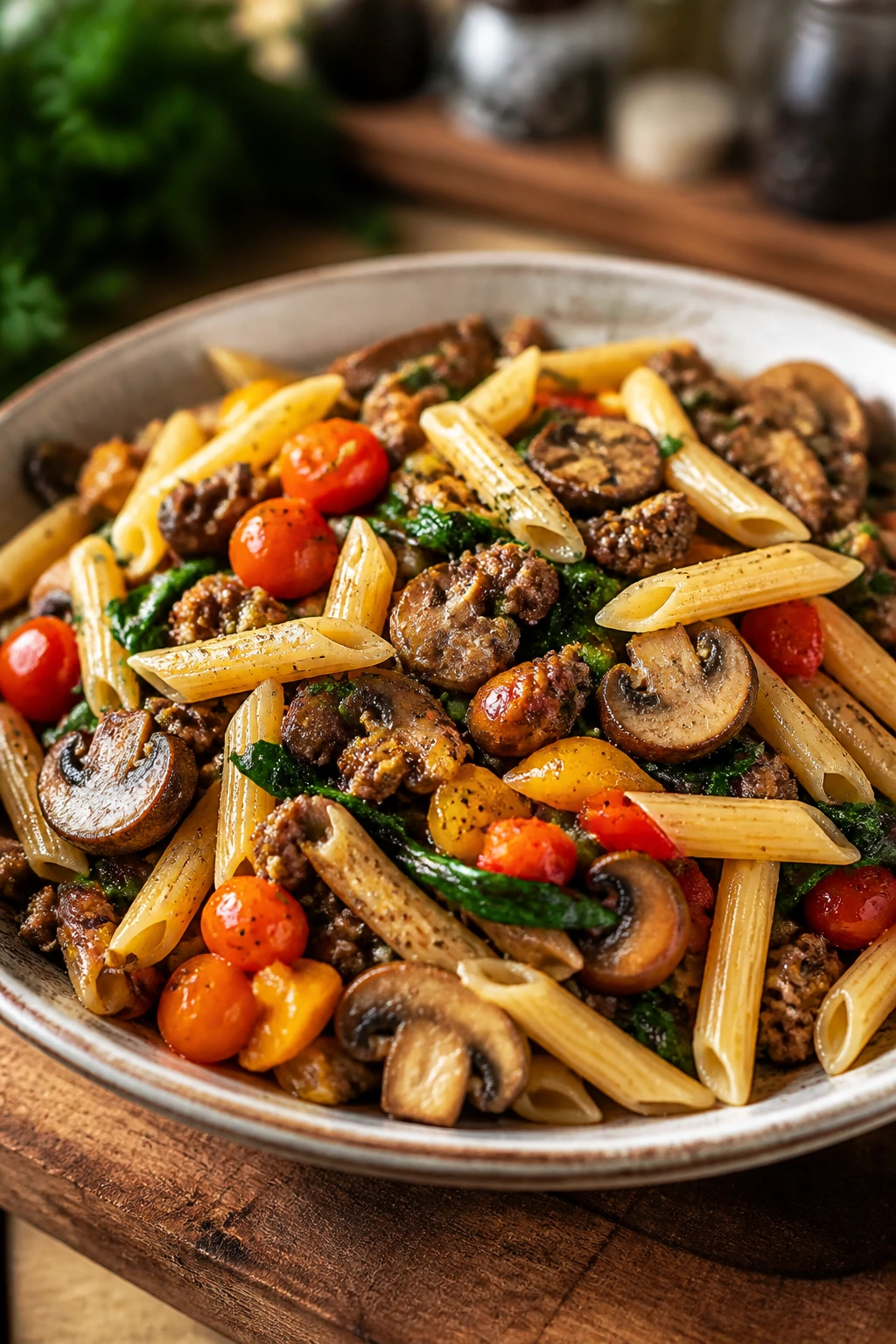 Colorful gluten-free veggie pasta on a rustic plate