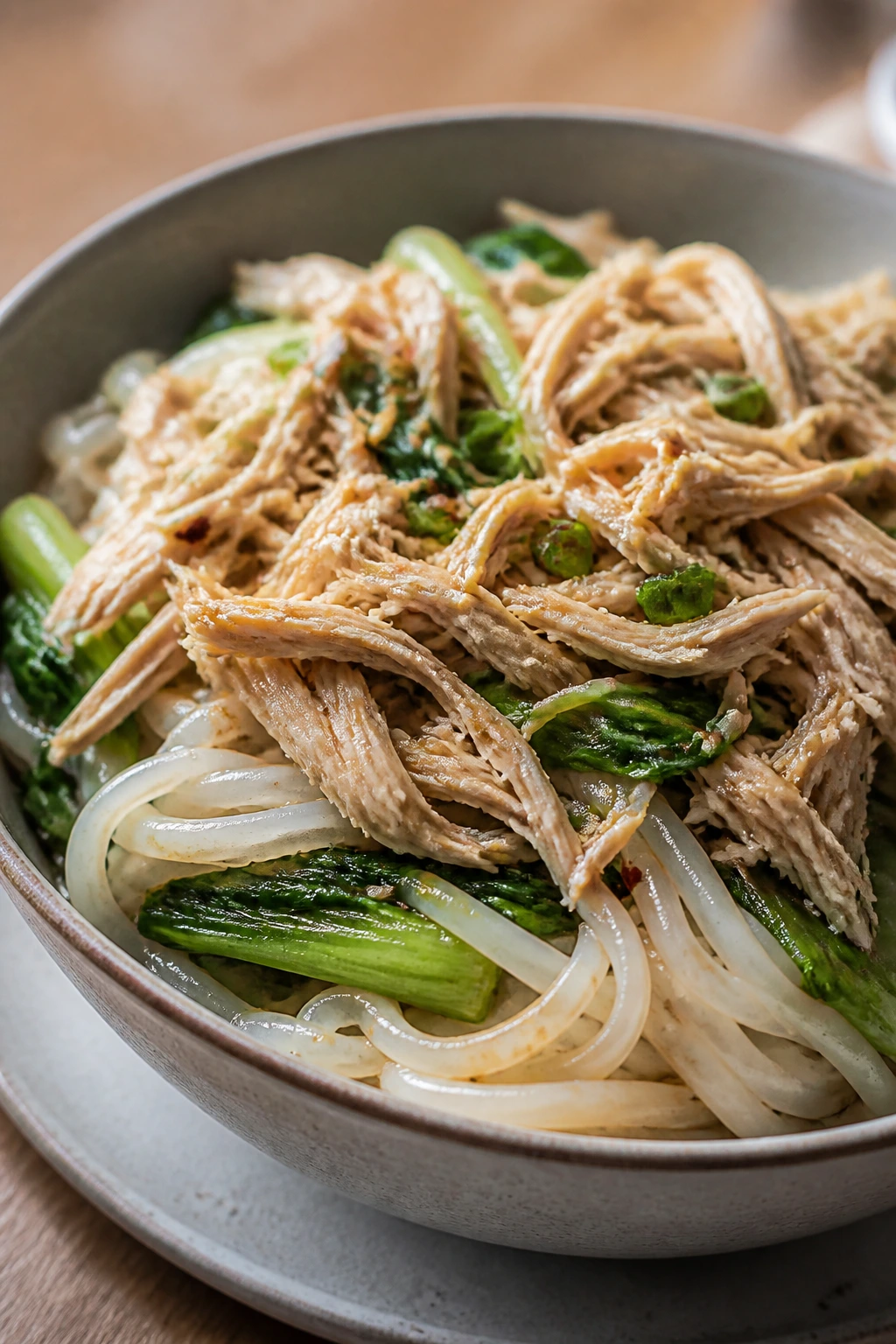 Gluten-free chicken bowl with rice noodles and greens.
