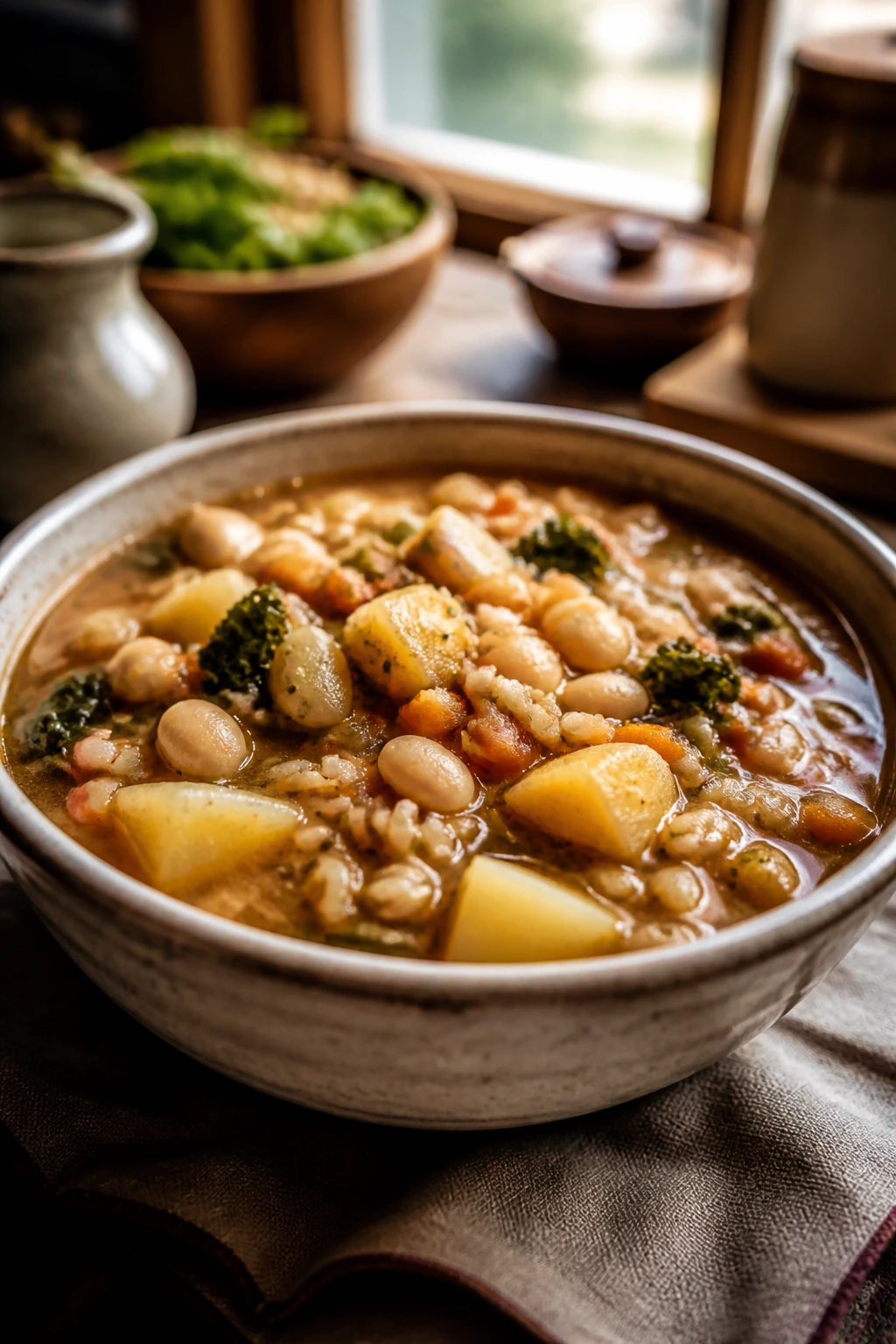 Close-up gluten-free soup bowl with potatoes, beans, and rice in a cozy kitchen