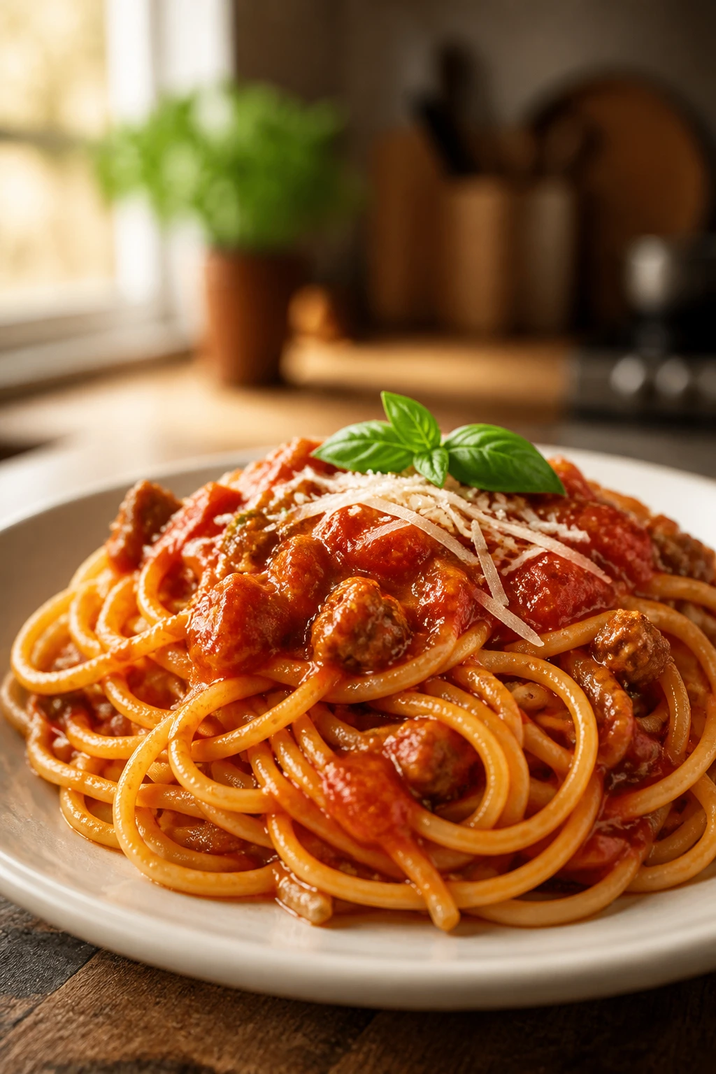 Close-up of gluten-free spaghetti on a plate with tomato sauce in a cozy kitchen