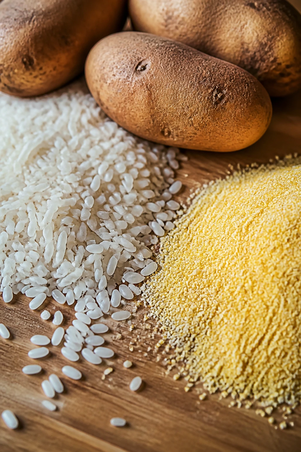 Loose pantry staples like rice grains and potatoes on a kitchen counter.