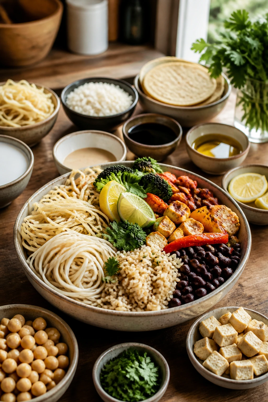 Close-up of a gluten-free, dairy-free dinner bowl with varied substitutions in a warm kitchen