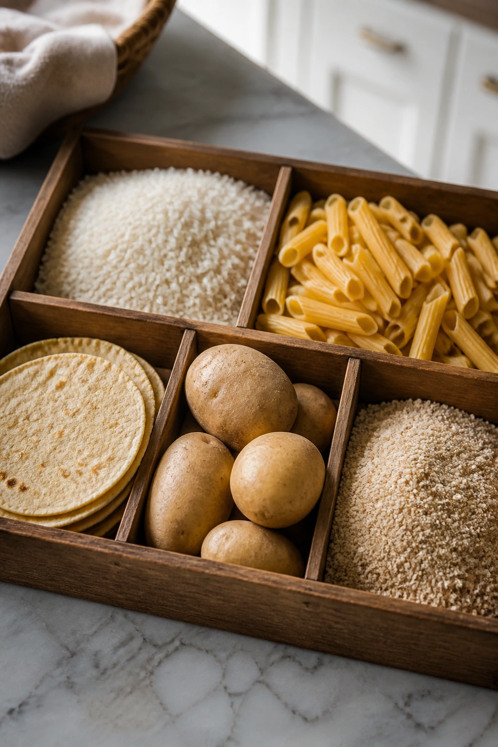 Gluten-free swap box with staples on a wooden tray.