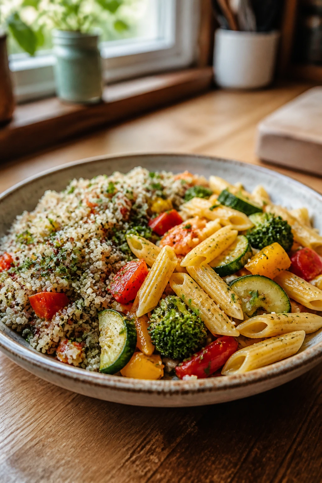 Close-up plate showing gluten-free swaps like quinoa and gluten-free pasta in a cozy kitchen