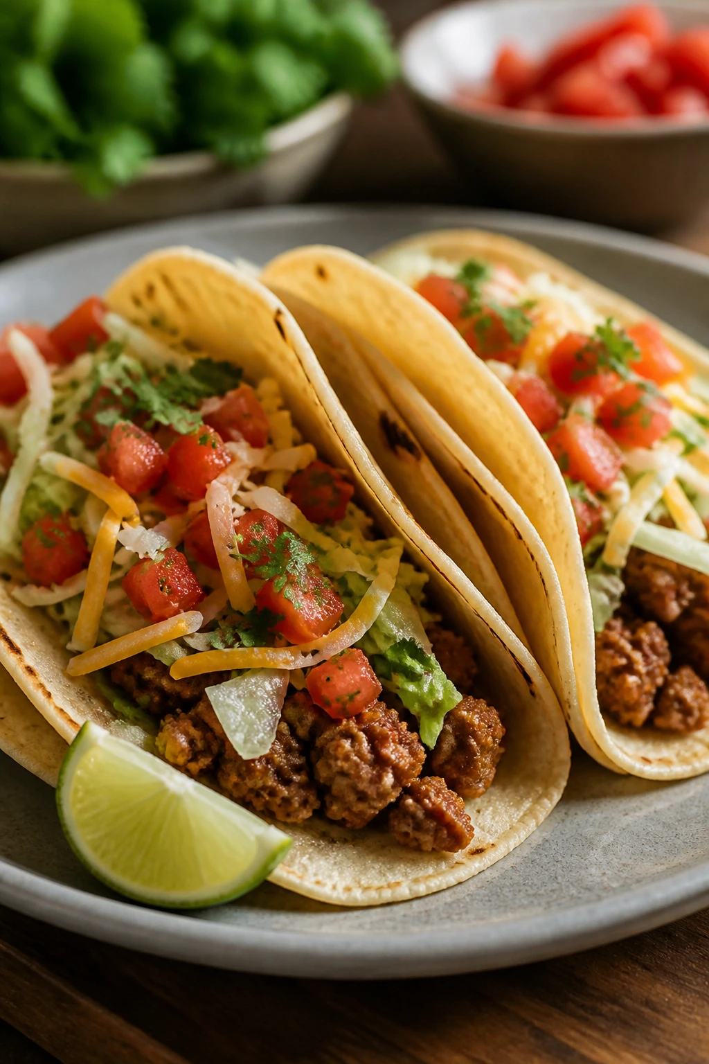 Plate of gluten-free tacos on a home kitchen table.