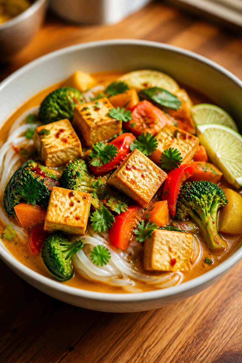 Close-up of a colorful gluten-free tofu curry bowl on a wooden counter