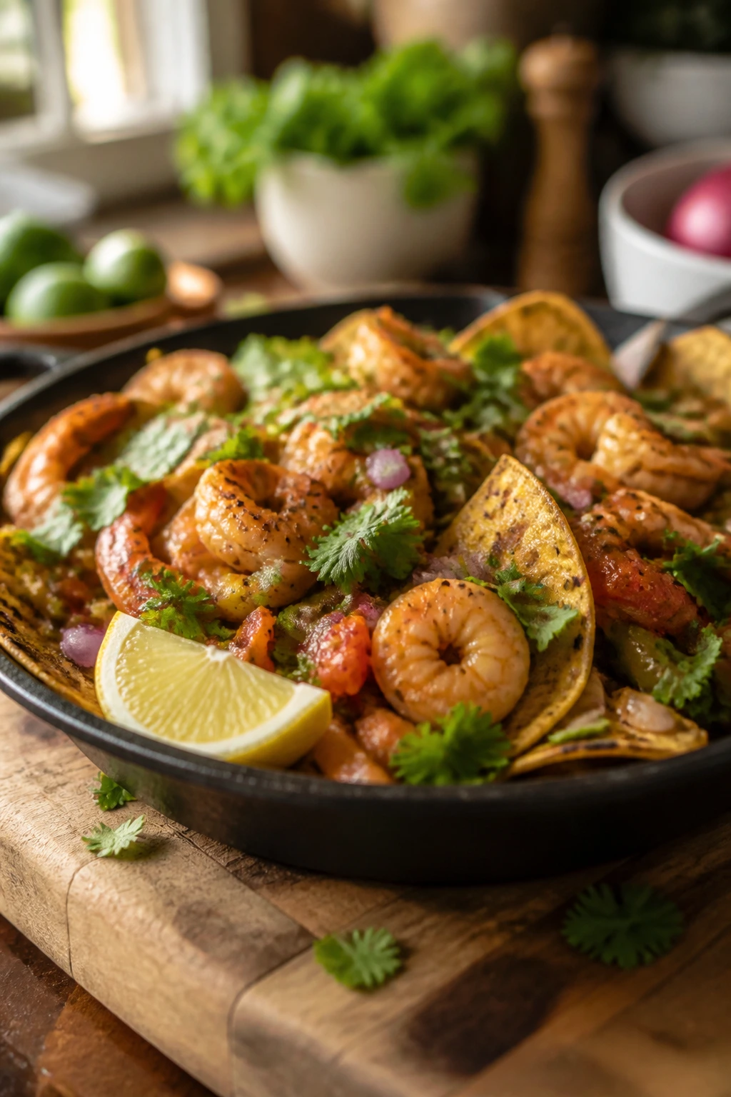 Close-up of a gluten-free skillet dish with corn tortillas and shrimp on a rustic board