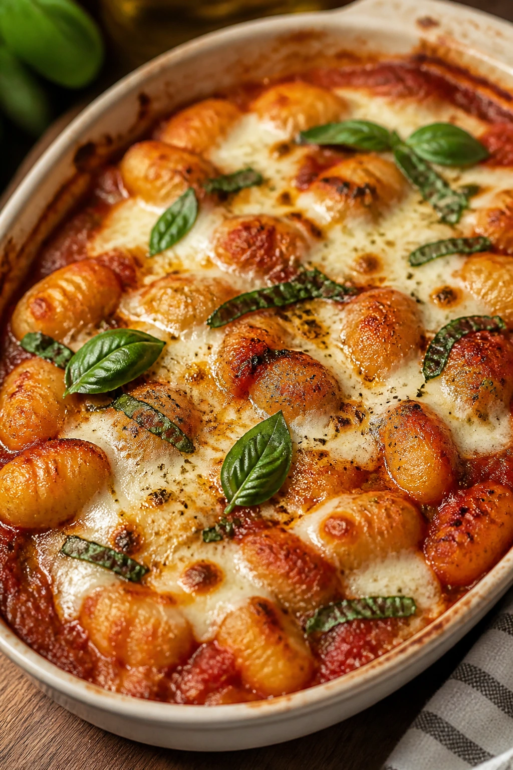 Gnocchi bake with tomato, basil, mozzarella